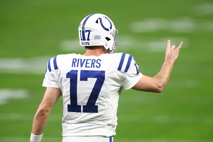 Indianapolis Colts quarterback Philip Rivers signals for a play during a road win at Las Vegas.